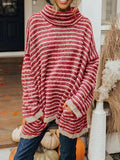 Striped Turtleneck Sweater with Pockets - CELIVINE