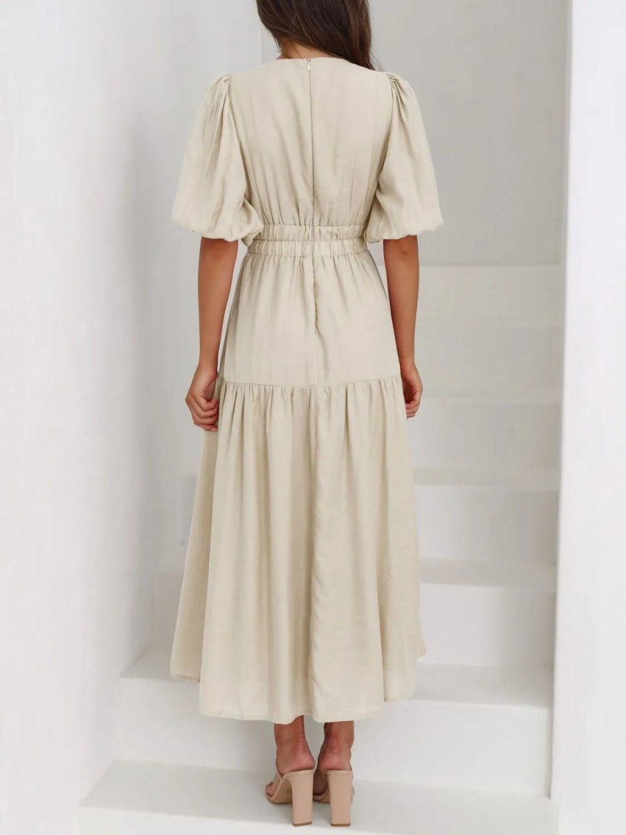 V - Neck Puff Sleeve Midi Dress - CELIVINE