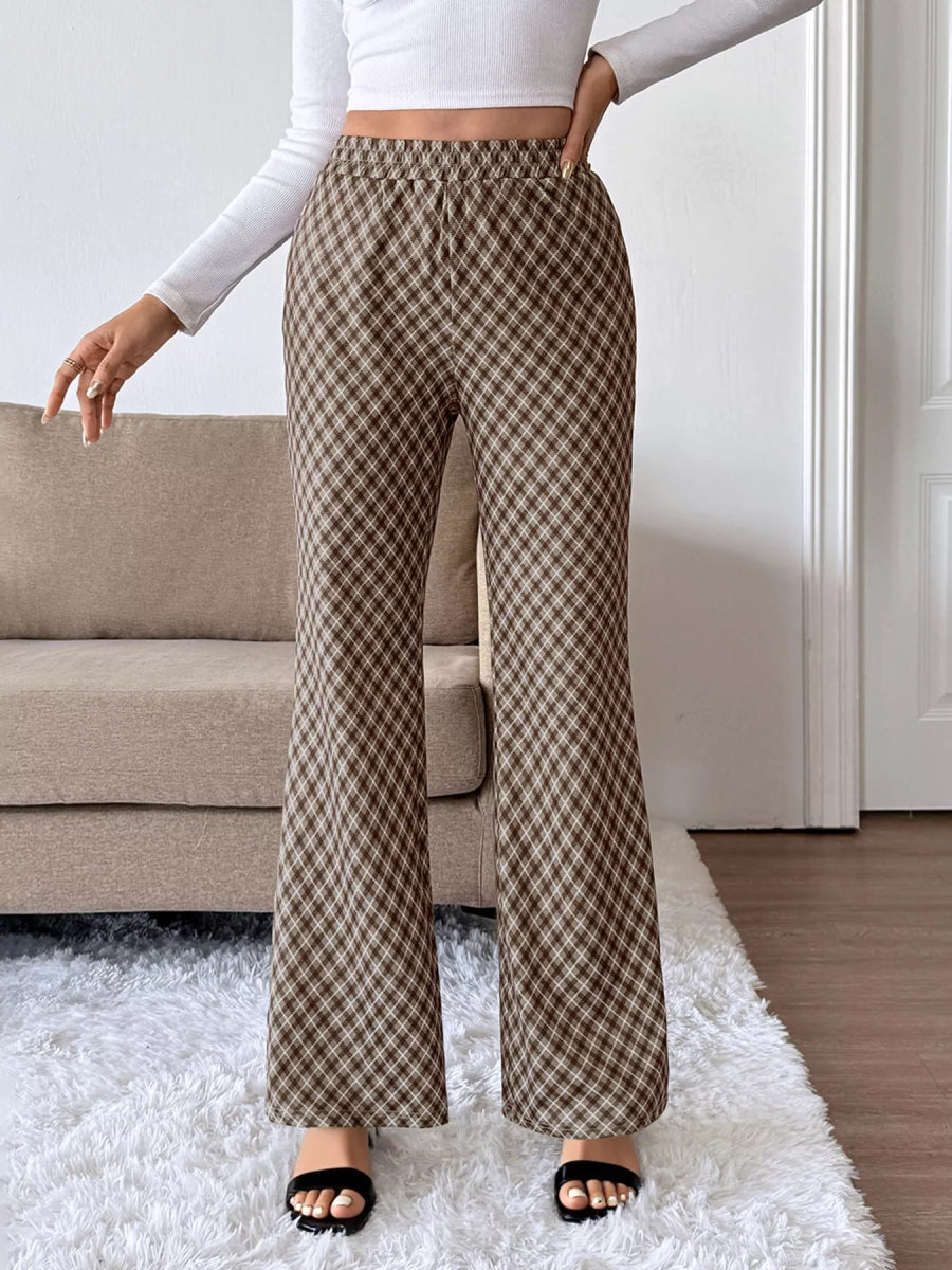Plaid High - Waisted Wide Leg Pants - CELIVINE