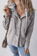 Drawstring Button Up Long Sleeve Hooded Jacket - CELIVINE