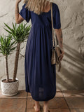 V Neck Buttoned Front Shirred Back Short Sleeve Midi Dress - CELIVINE