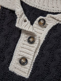 Multicolour Color Block Cable Knit Sleeve Buttons Collared Sweater - CELIVINE