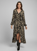 Leopard Surplice Balloon Sleeve Dress - CELIVINE