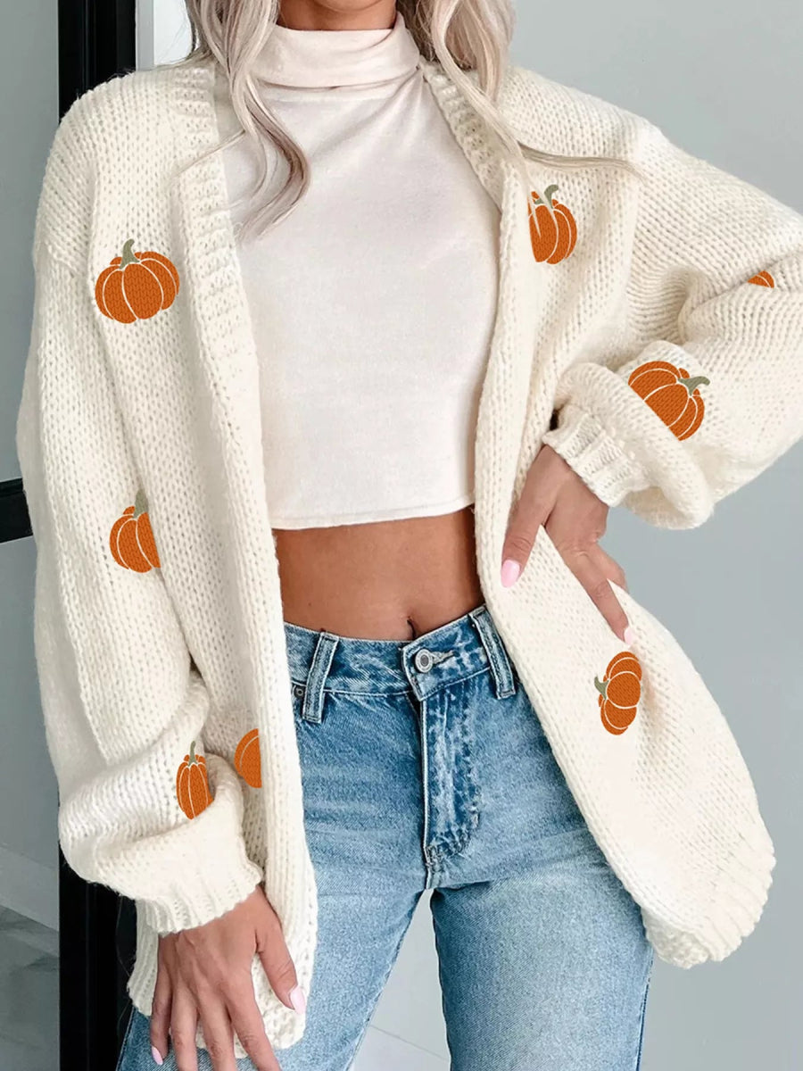 Halloween Pumpkin Embroidered Knit Cardigan - CELIVINE
