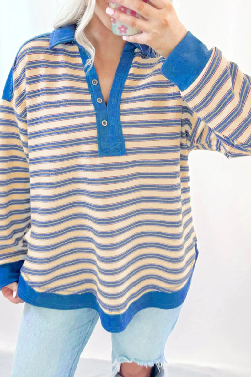 Striped Johnny Collar Long Sleeve Sweatshirt - CELIVINE