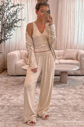 V - Neck Tank, Open Front Cardigan and Pants Lounge Set - CELIVINE