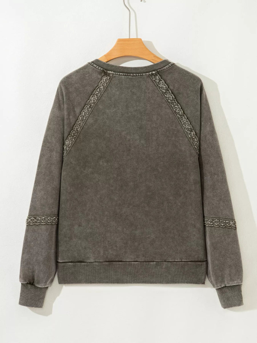 Lace Patchwork Detail Notched Mineral Wash Sweatshirt - CELIVINE