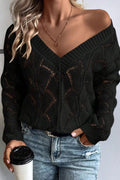 Openwork V - Neck Long Sleeve Sweater - CELIVINE