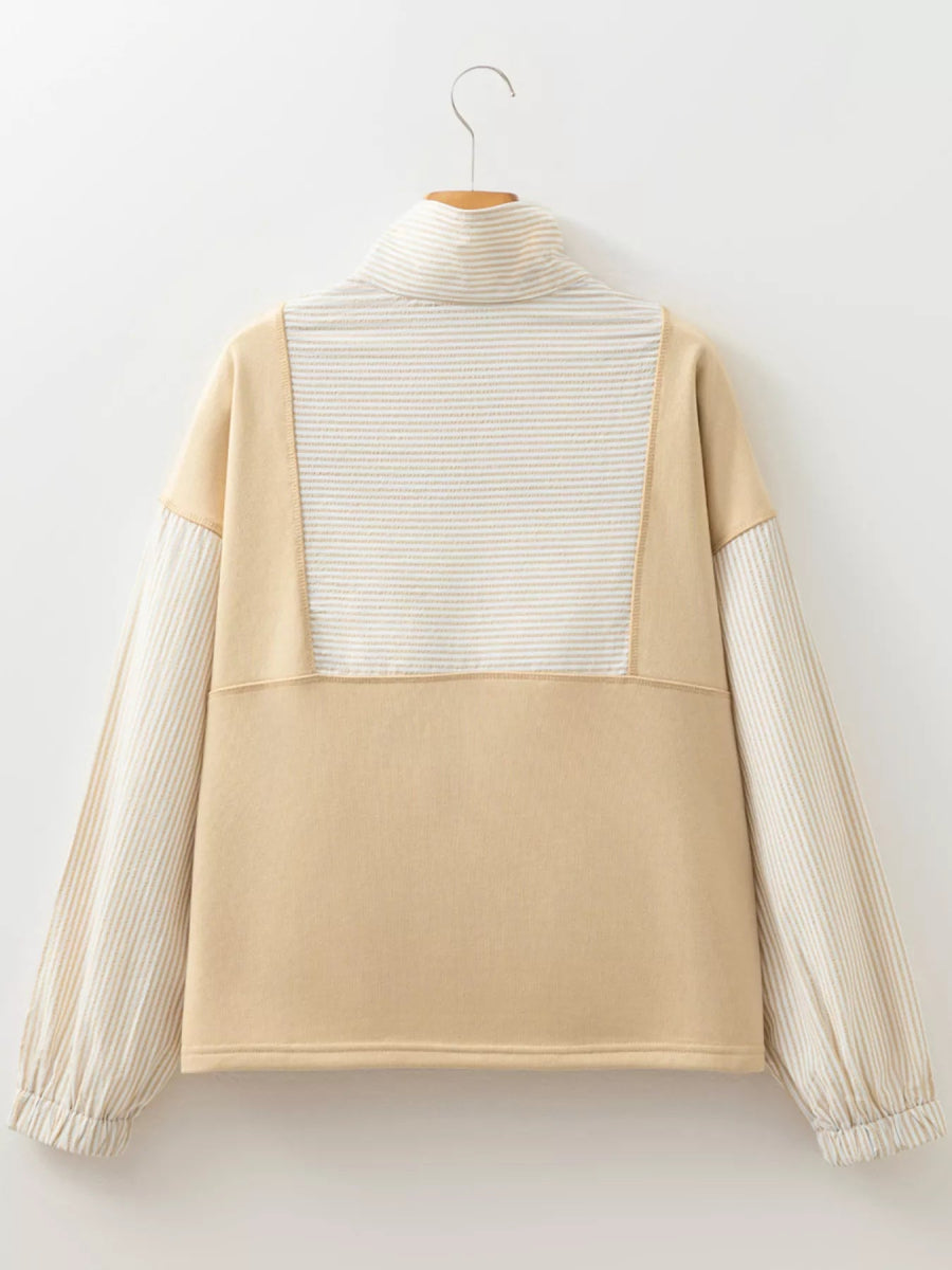 Quarter Zip Striped Patchwork Drop Shoulder Loose Long Sleeve Top - CELIVINE