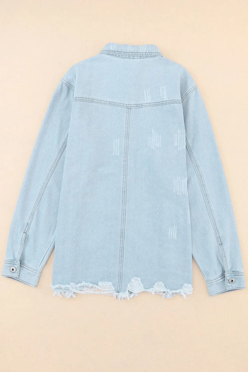 Flap Pocket Raw Hem Denim Jacket - CELIVINE