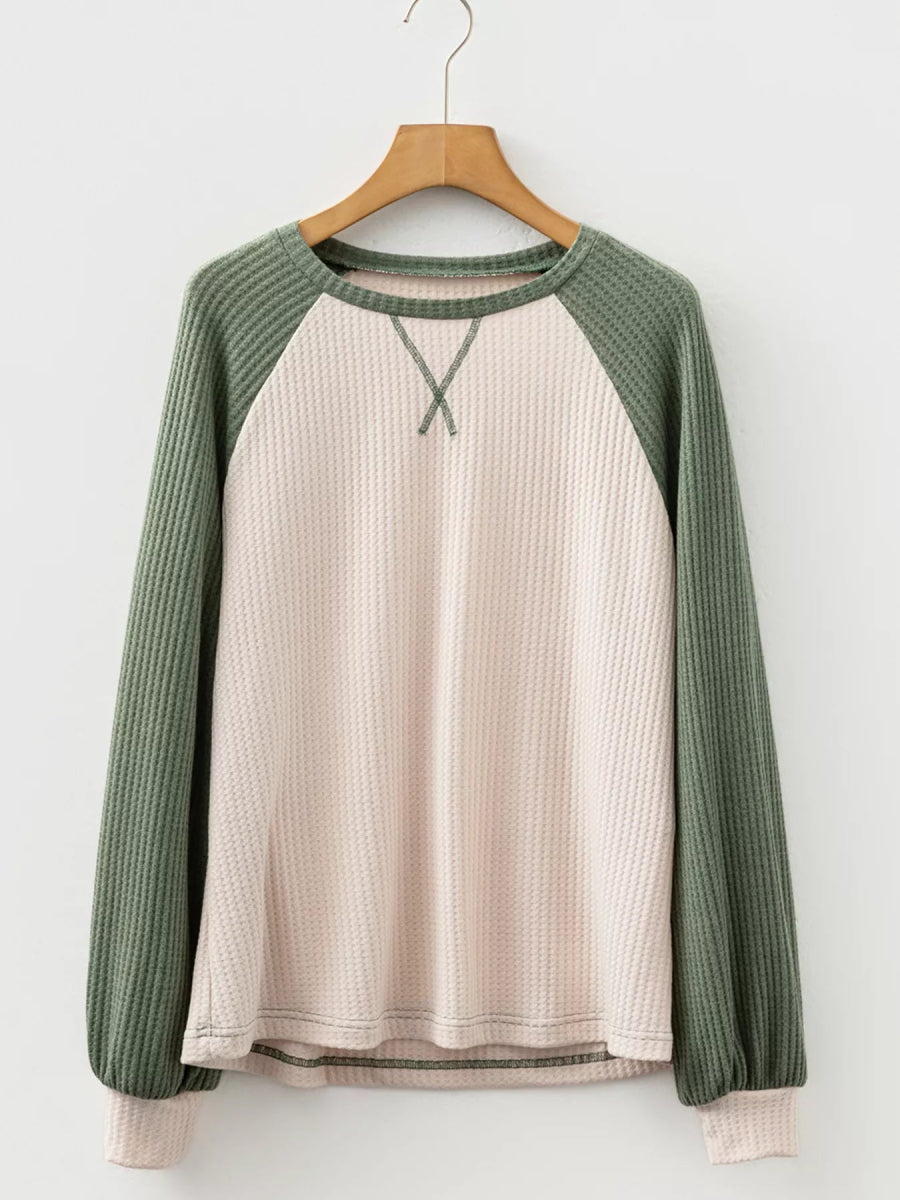 Waffle Color Block Raglan Sleeve Top - CELIVINE
