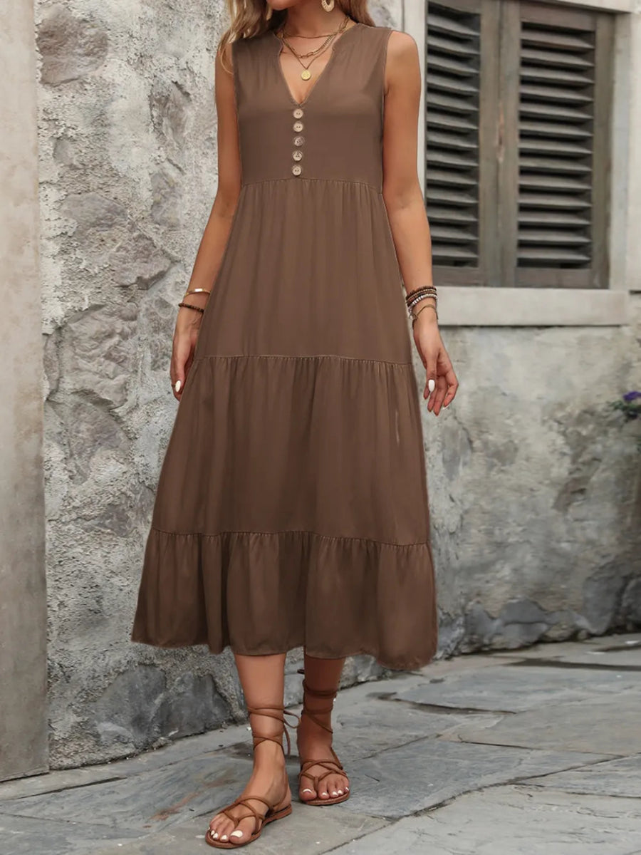 Ivy Lane Decorative Button Notched Sleeveless Dress - CELIVINE