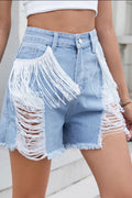 Distressed Fringe Denim Shorts - CELIVINE