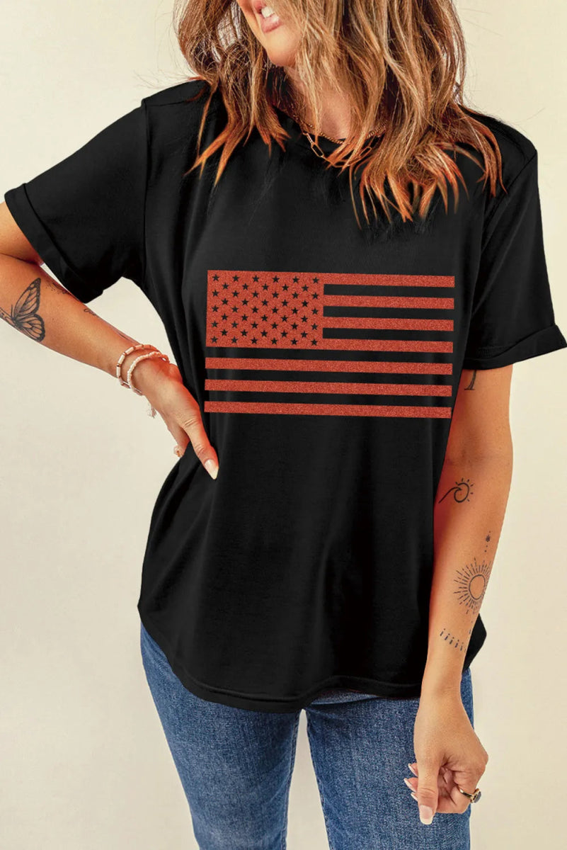 US Flag Round Neck Short Sleeve T-Shirt - CELIVINE