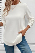 Rounded Neck Waffle Long Sleeve Top - CELIVINE