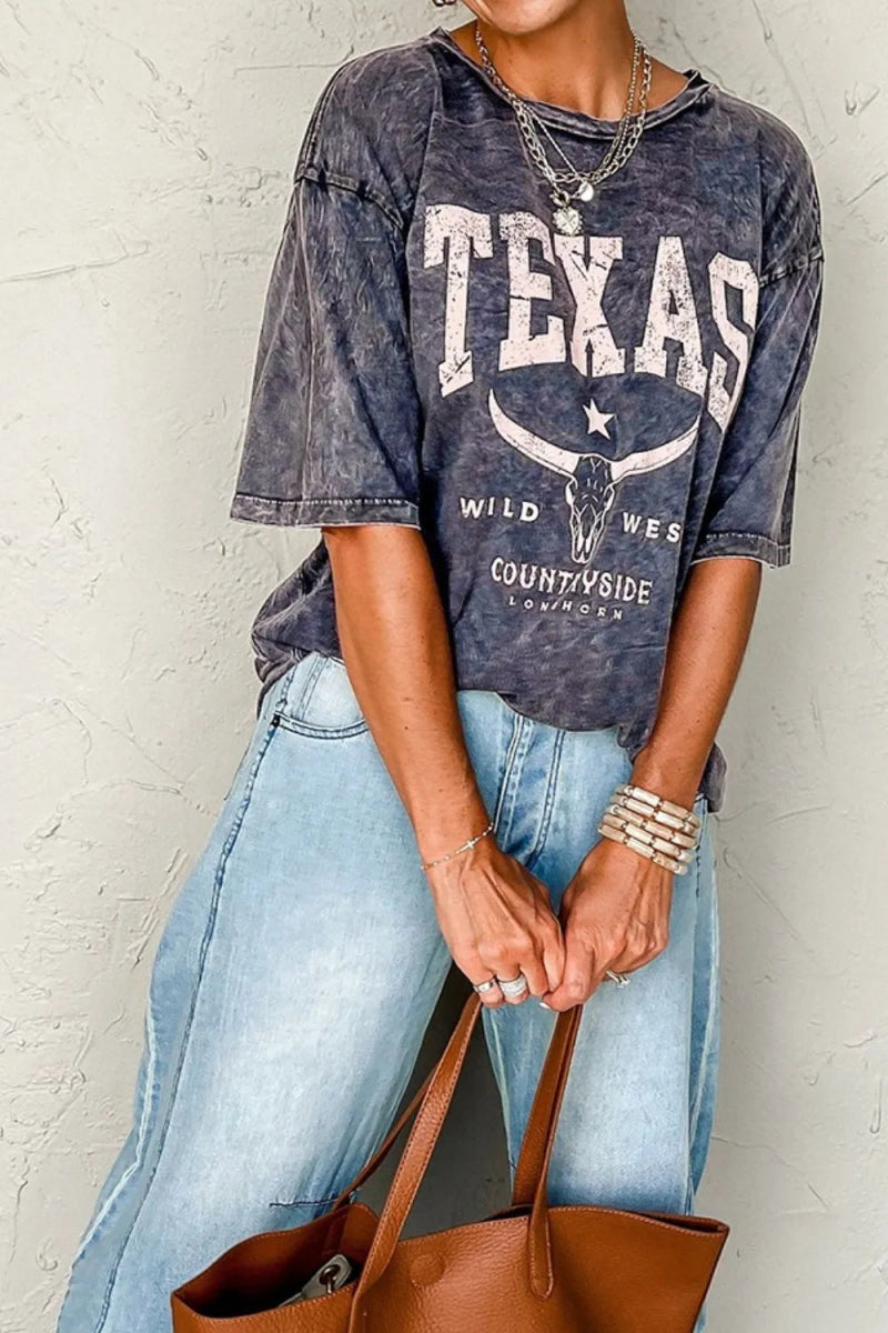TEXAS Steer Head Graphic Mineral Wash Oversized T-Shirt - CELIVINE