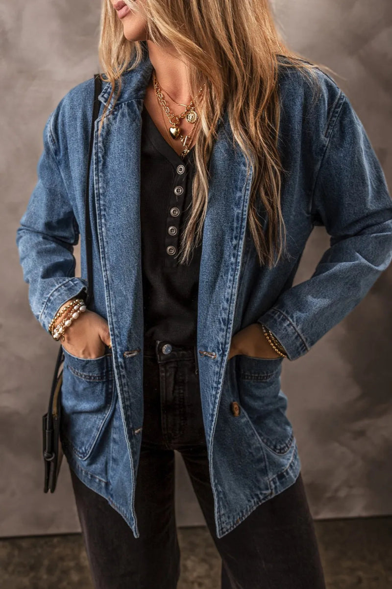 Pocketed Long Sleeve Denim Jacket - CELIVINE
