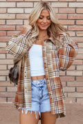 Plaid Snap Down Dropped Shoulder Shacket - CELIVINE