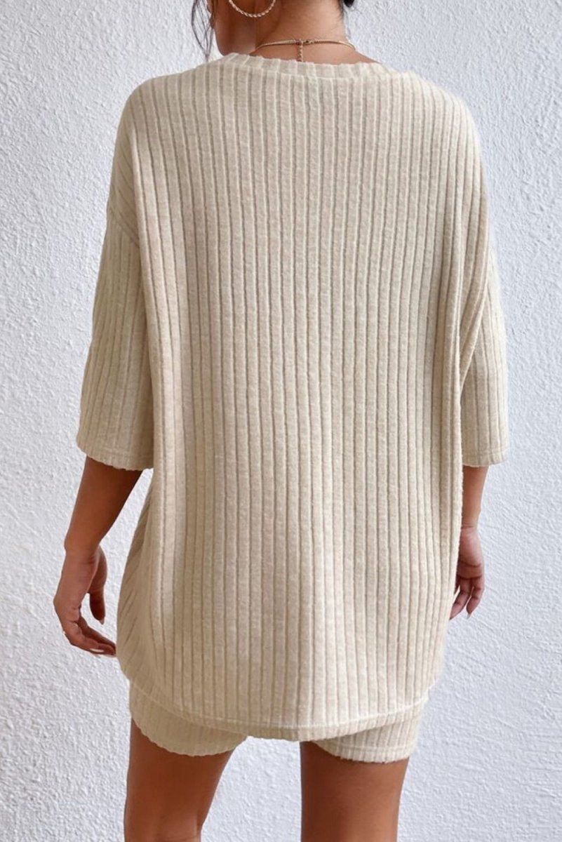 Round Neck Ribbed Top and Shorts Lounge Set - CELIVINE