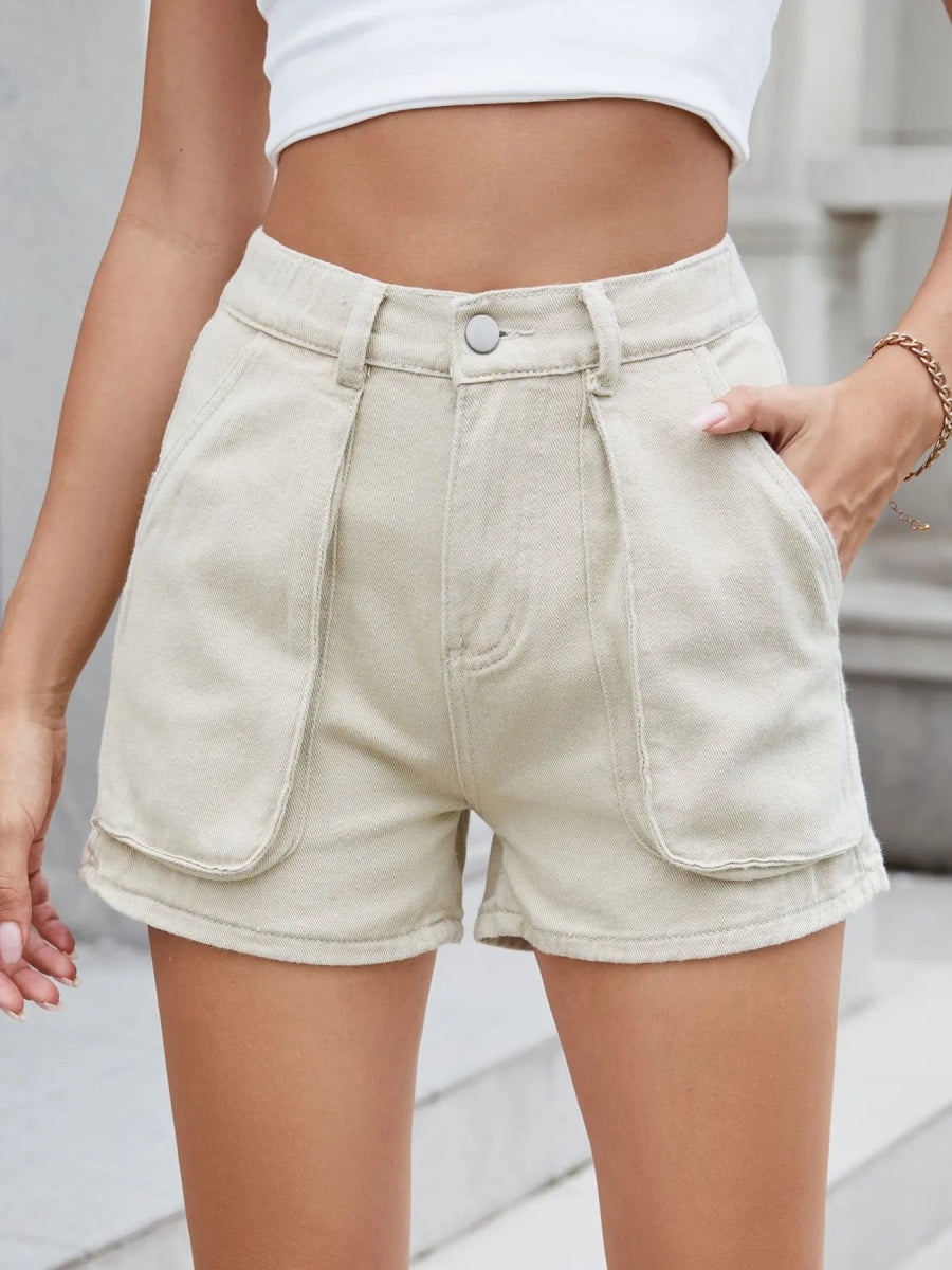High Waist Utility Pocket Denim Shorts - CELIVINE