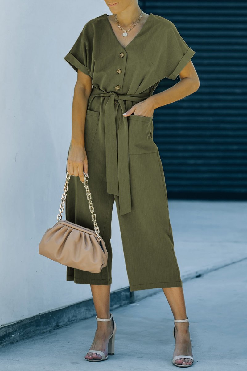 Tie - Waist Buttoned Cropped Jumpsuit - CELIVINE