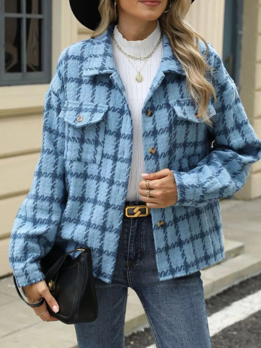 Plaid Button Up Long Sleeve Jacket - CELIVINE