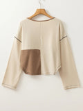 Color Block Waffle Knit Stitch Detail Long Sleeve Top - CELIVINE