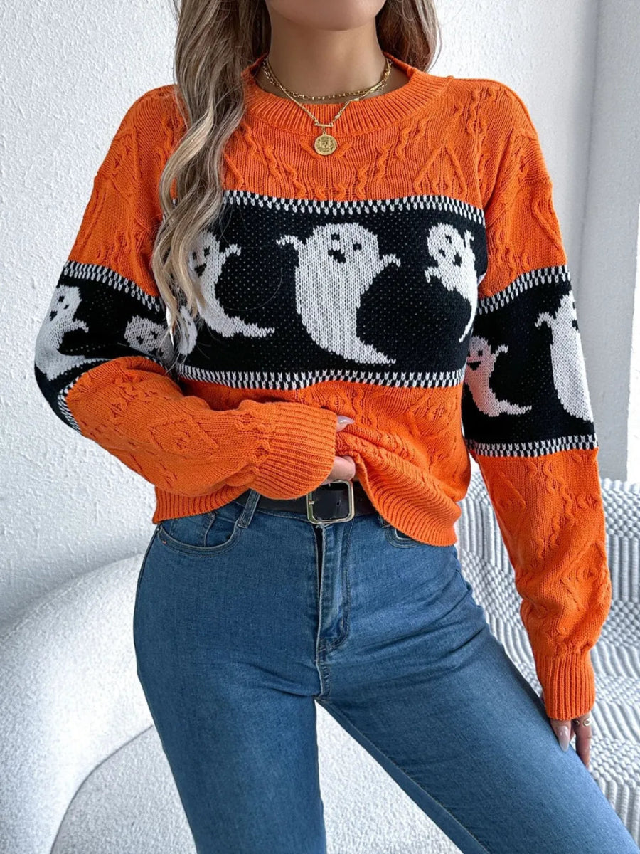 Ghost Round Neck Long Sleeve Sweater - CELIVINE