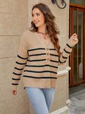 V - Neck Striped Dropped Shoulder Sweater - CELIVINE
