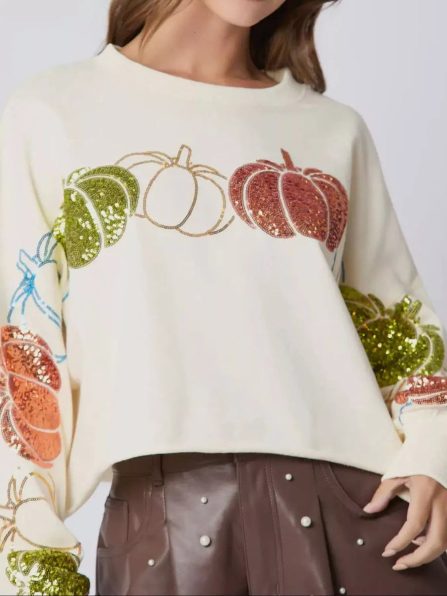 Sequined Pumpkin Halloween Crop Sweatshirt - CELIVINE