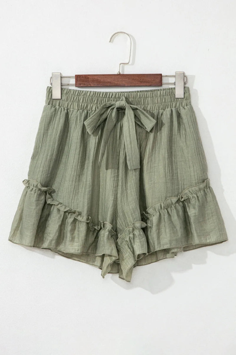 Textured Tie Waist Ruffle Hem Shorts - CELIVINE