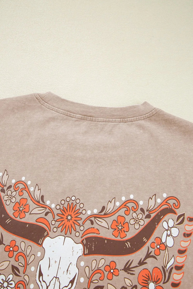 Mineral Wash Floral Steer Head Printed Back Western Fashion Tee - CELIVINE