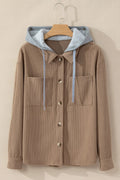 Drawstring Button Up Long Sleeve Hooded Jacket - CELIVINE