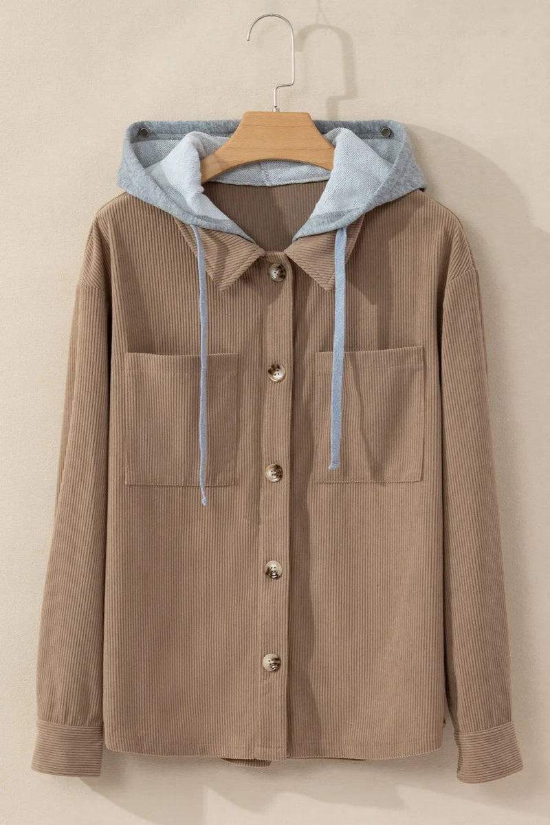 Drawstring Button Up Long Sleeve Hooded Jacket - CELIVINE