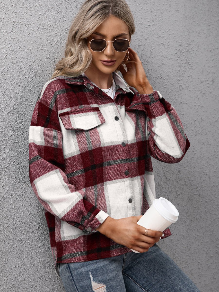 Plaid Long Sleeve Shirt Jacket - CELIVINE