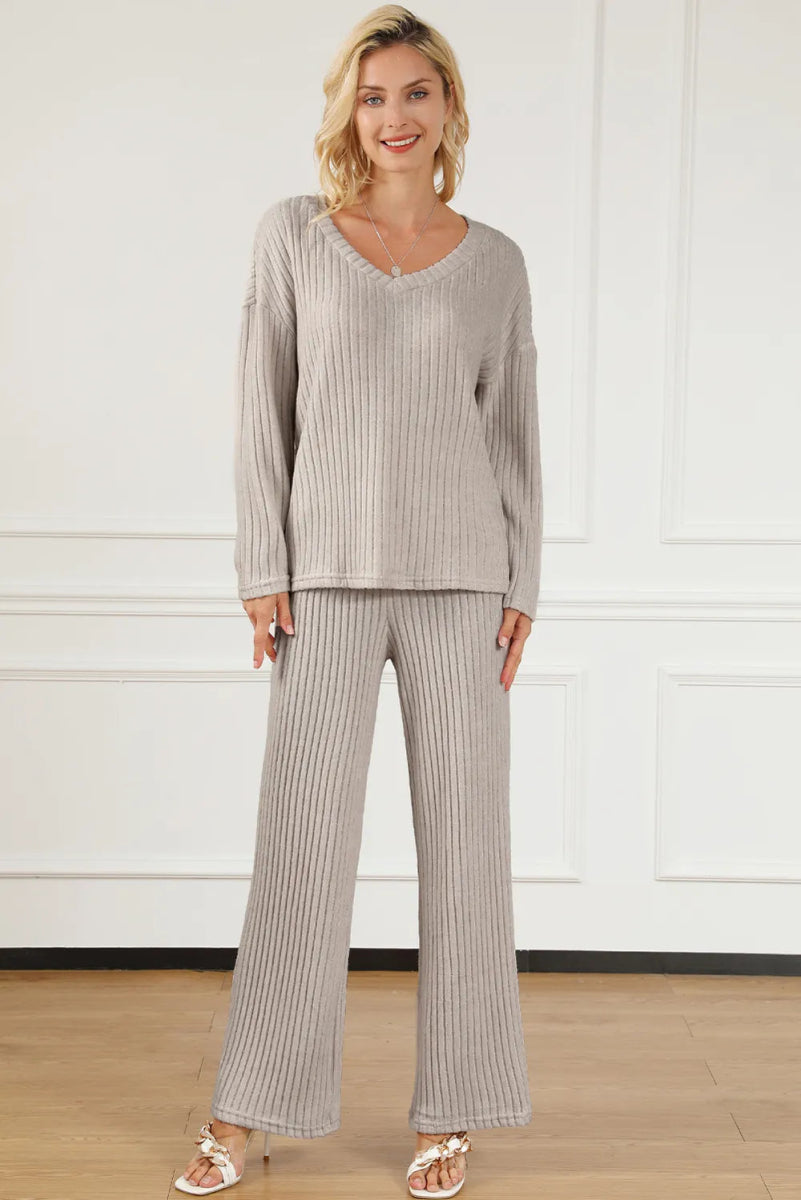 Ribbed V - Neck Top and Pants Lounge Set - CELIVINE