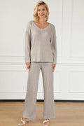 Ribbed V - Neck Top and Pants Lounge Set - CELIVINE