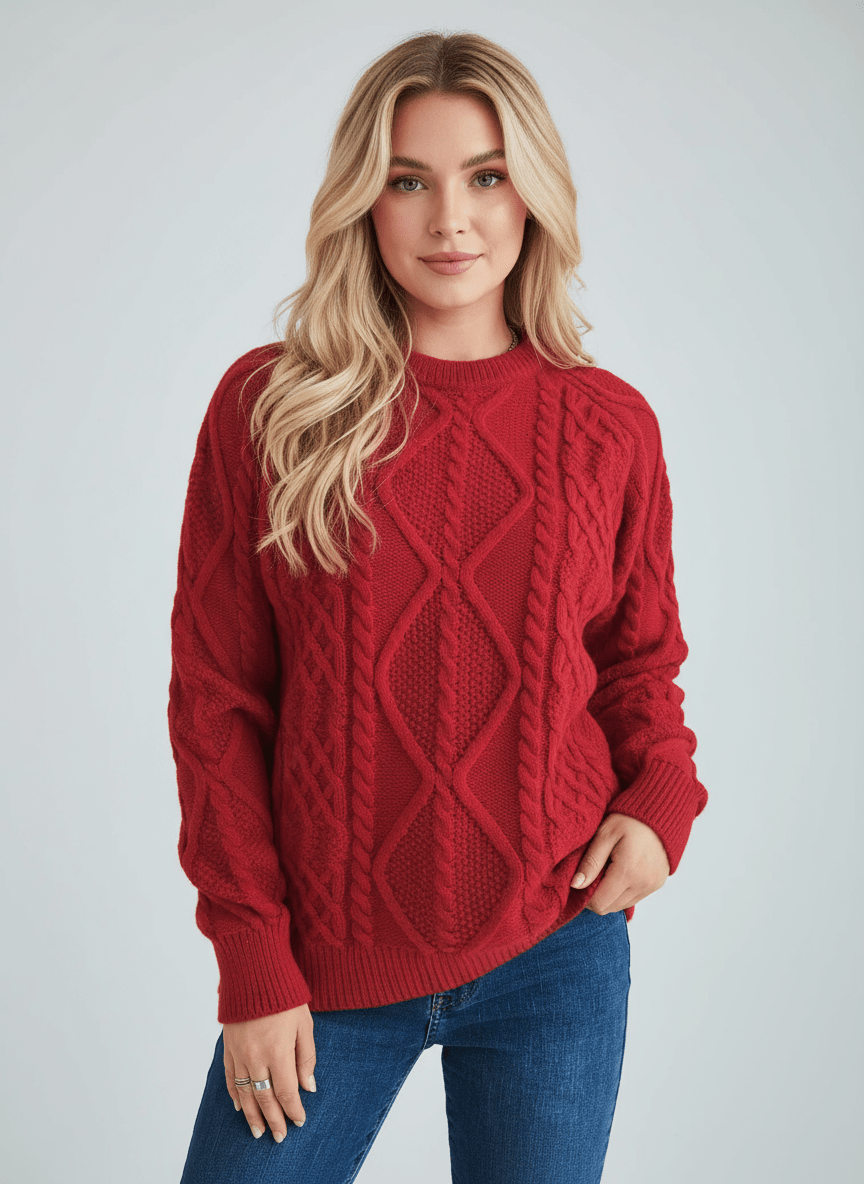 Cable Knit Long Sleeve Sweater - CELIVINE