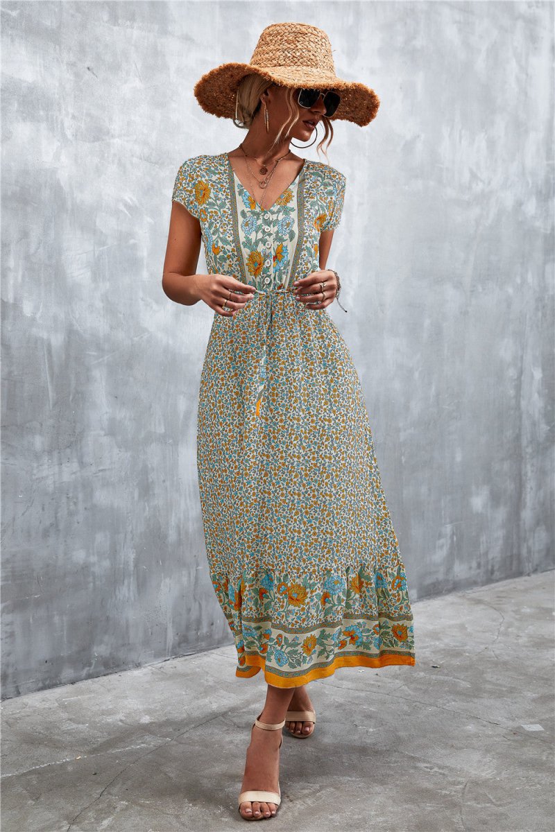 V - Neck Short Sleeve Printed Maxi Dress - CELIVINE