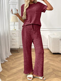 Ribbed Knit Short Sleeve Top and Pants Lounge Set - CELIVINE