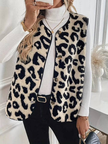 Leopard Sherpa Vest Coat - CELIVINE