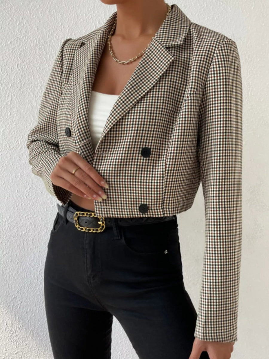 Plaid Lapel Collar Cropped Blazer - CELIVINE
