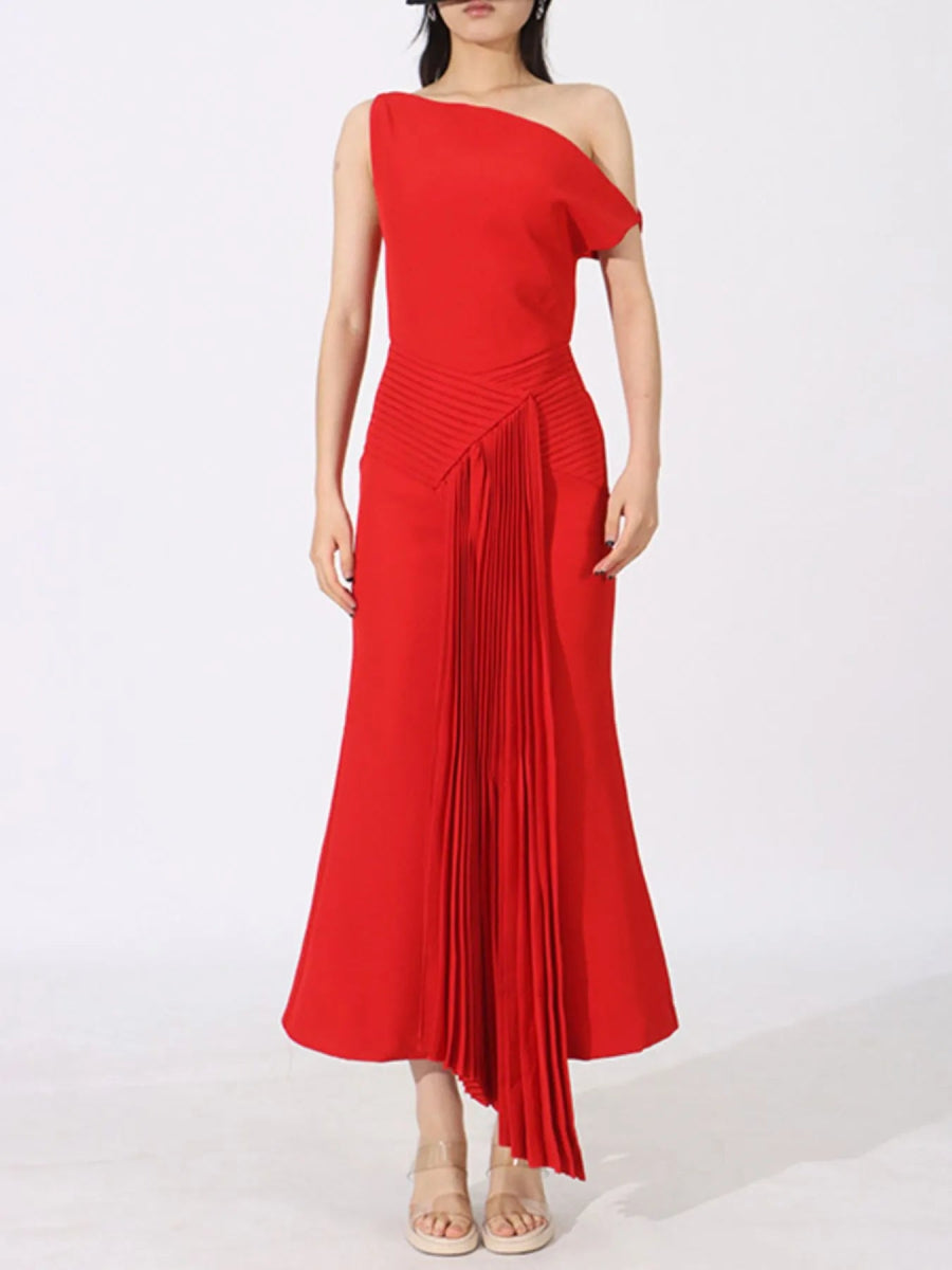 Single Shoulder Pleated Dress - CELIVINE