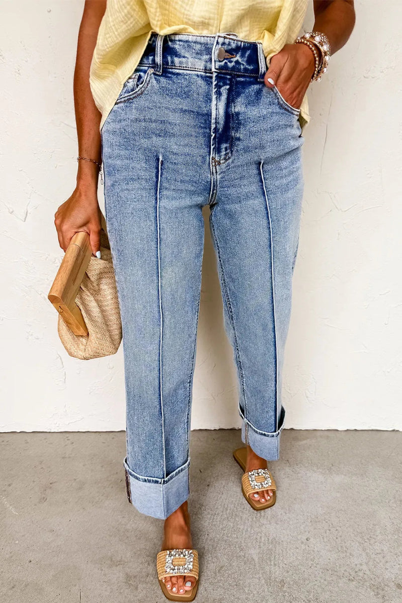 High - Waisted Wide - Leg Cuffed Jeans - CELIVINE