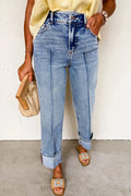 High - Waisted Wide - Leg Cuffed Jeans - CELIVINE