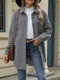 Houndstooth Button Up Long Sleeve Coat - CELIVINE