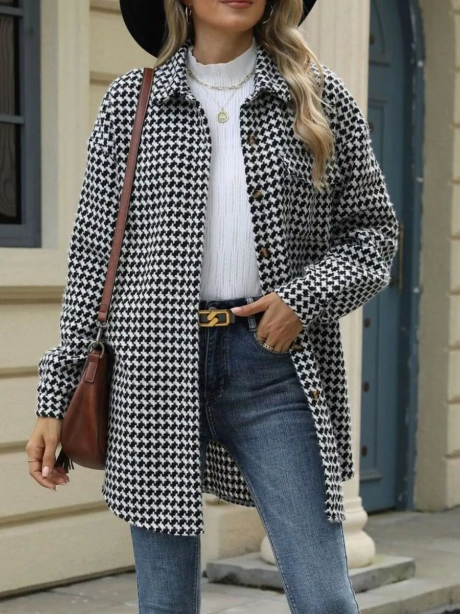 Houndstooth Button Up Long Sleeve Coat - CELIVINE