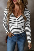Striped V - Neck Long Sleeve Top - CELIVINE