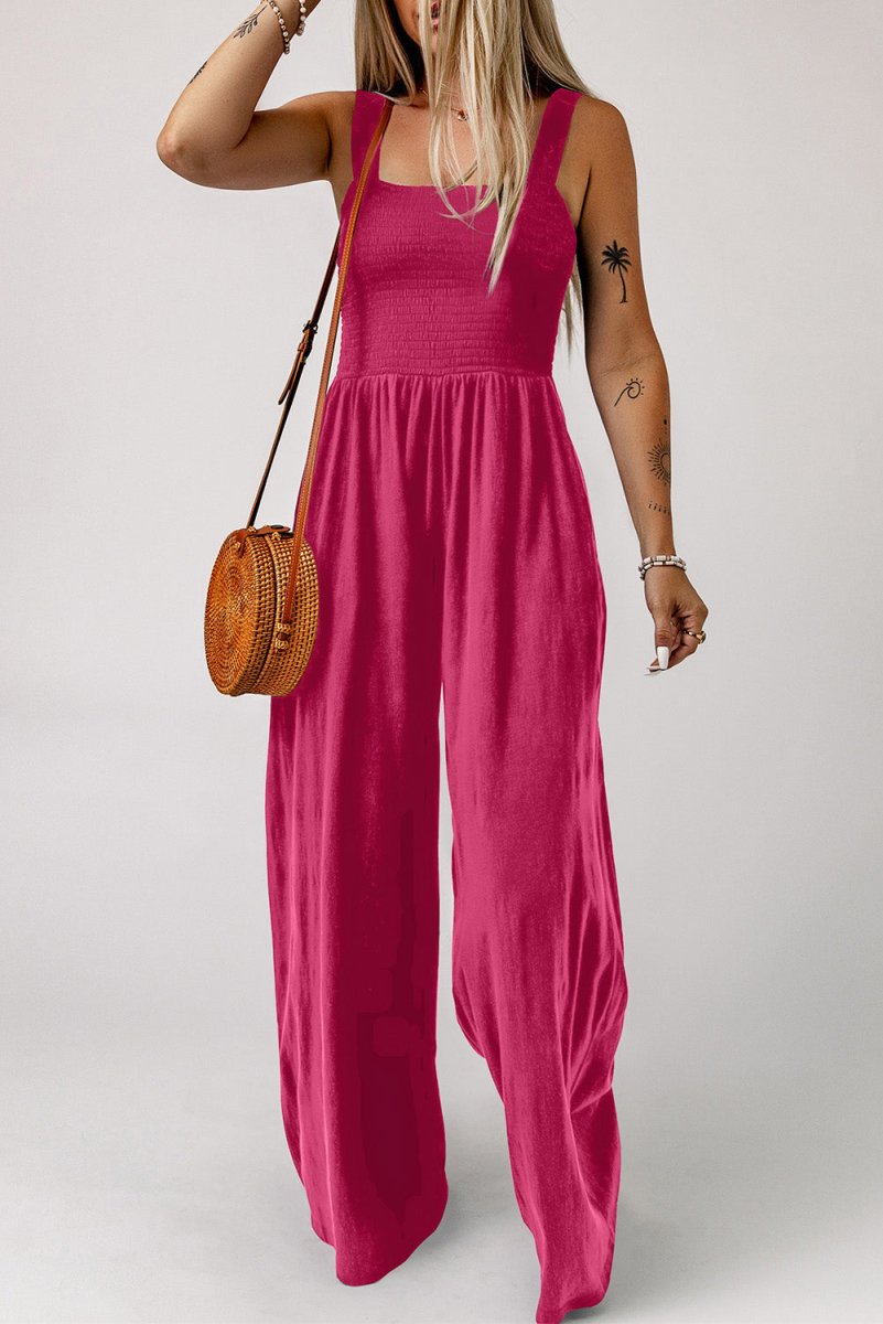 Smocked Square Neck Wide Leg Jumpsuit with Pockets - CELIVINE