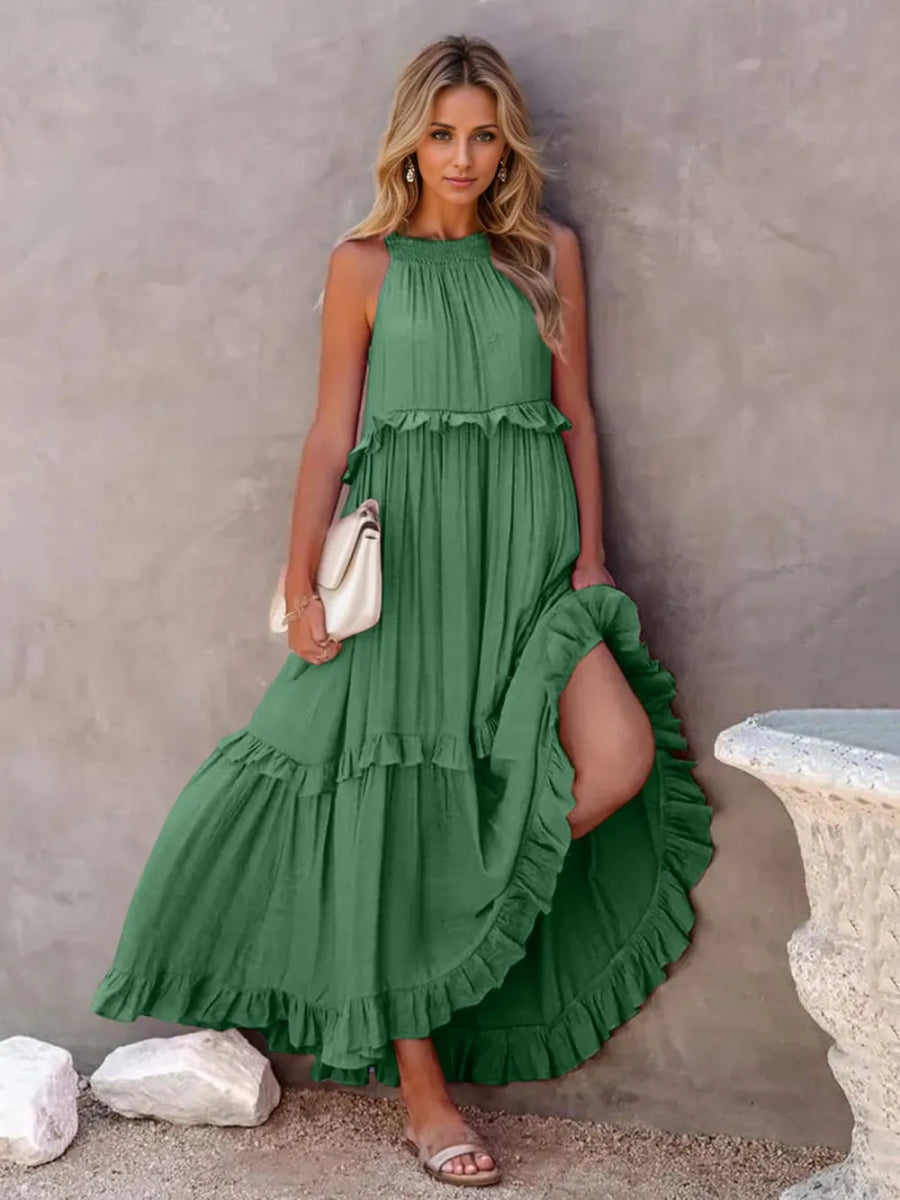 Ruffled Sleeveless Tiered Maxi Dress with Pockets - CELIVINE